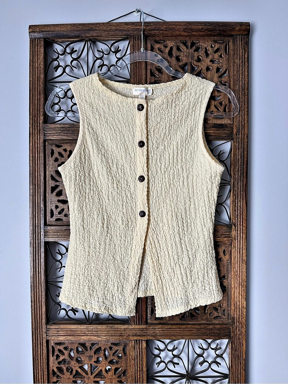 See You Monday Textured Button Front Tank in Light Yellow Medium